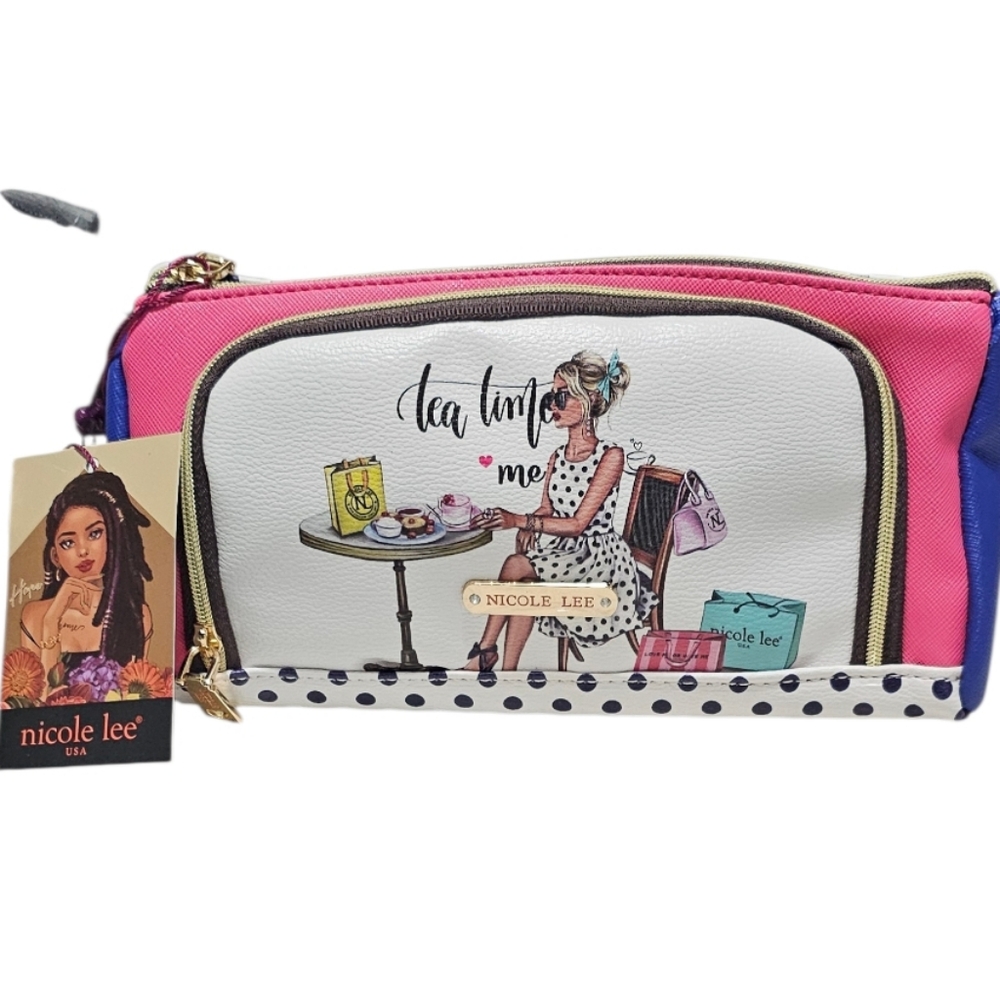 NICOLE LEE "Tea Time Me Time" Pink and Blue Cosmetic Bag w Handle